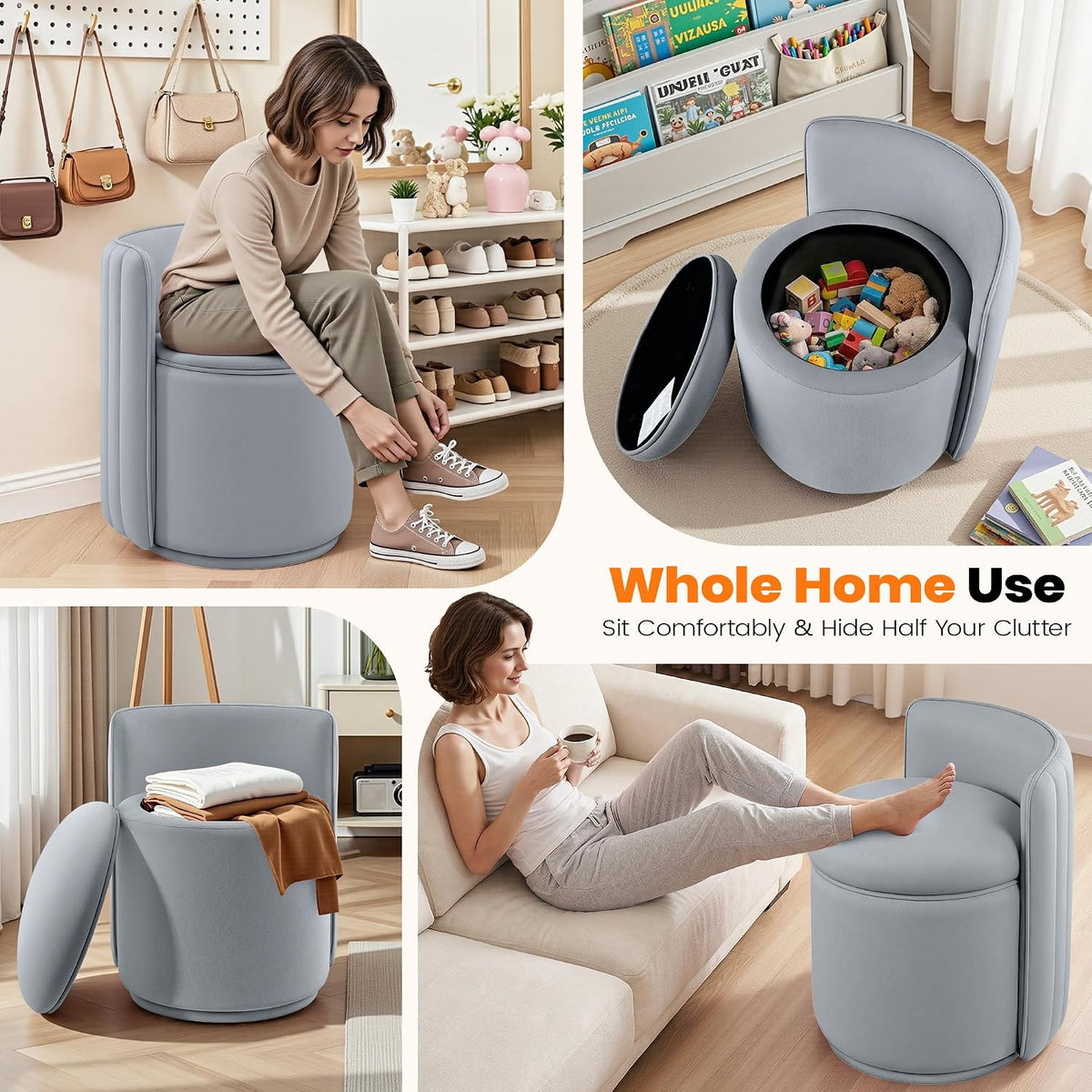 Vanity Chair with Storage, 360° Swivel Velvet Makeup Stool with Wave Backrest, Modern Round Upholstered Closet Stool ,No Assembly for Bedroom, Dressing Room