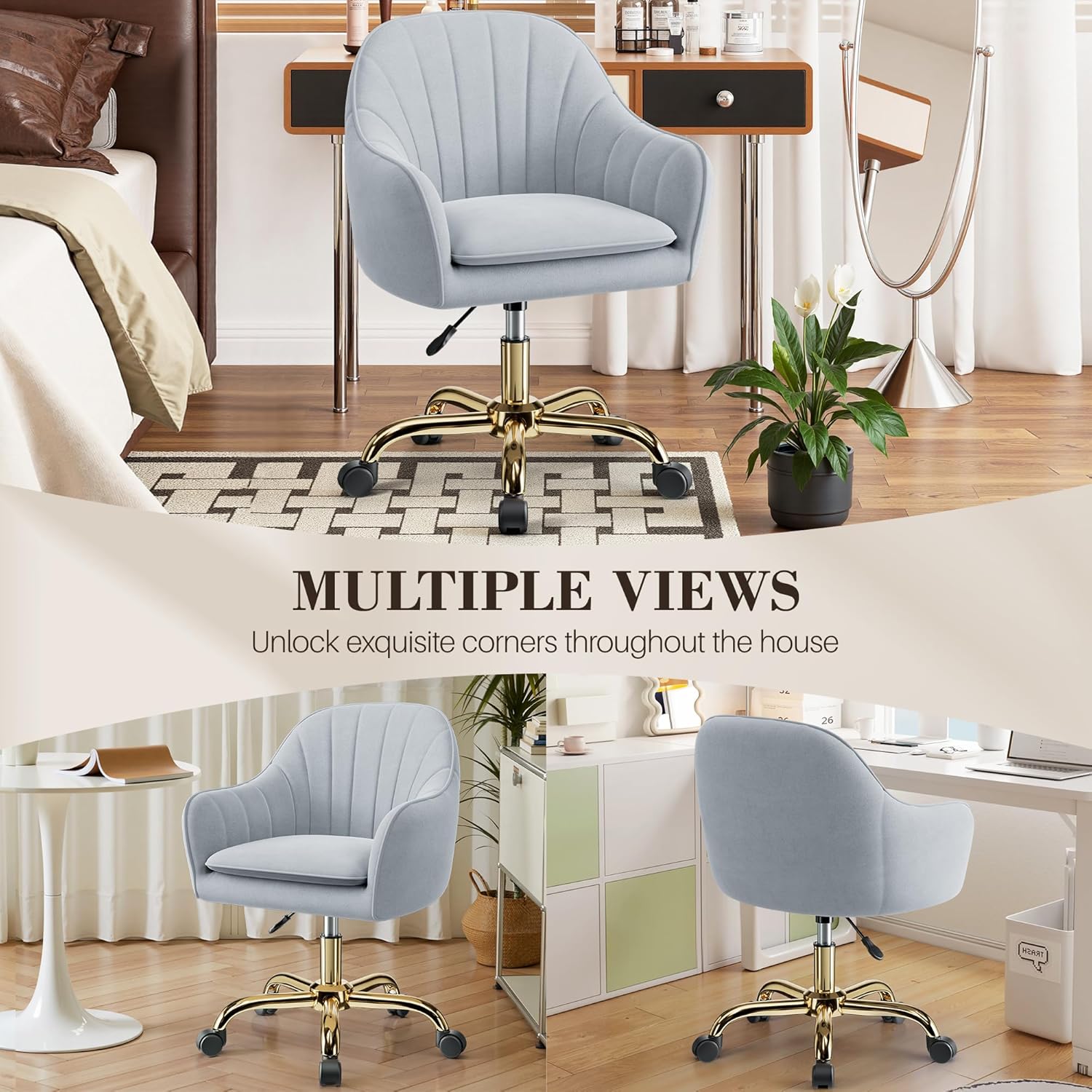 Vanity Chair with Wheels, Comfy Home Office Desk Chairs Adjustable Modern Velvet Makeup Vanity Chairs for Bedroom Living Room