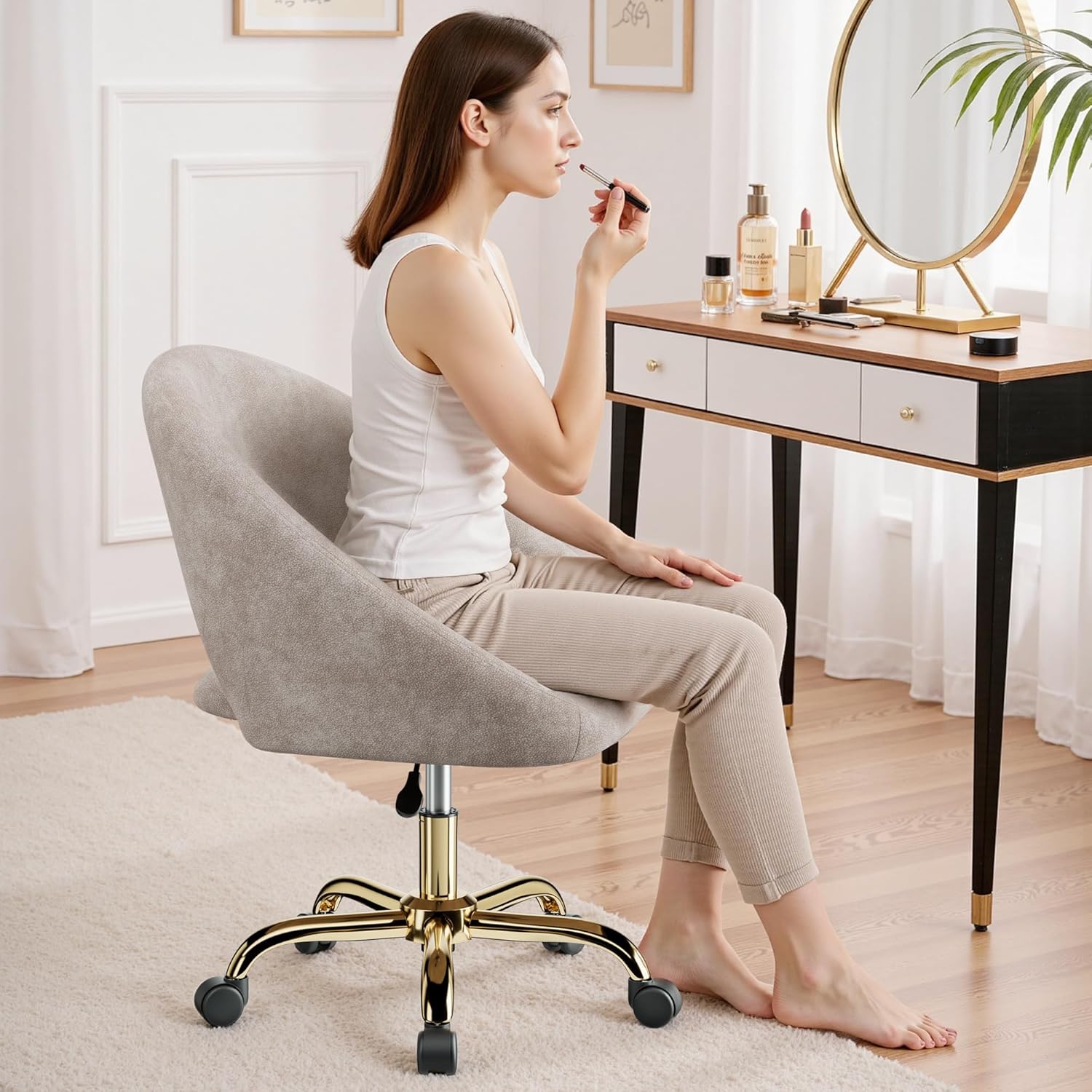Vanity Chair with Wheels, Waterproof Modern Makeup Vanity Chairs with Back Adjustable Height