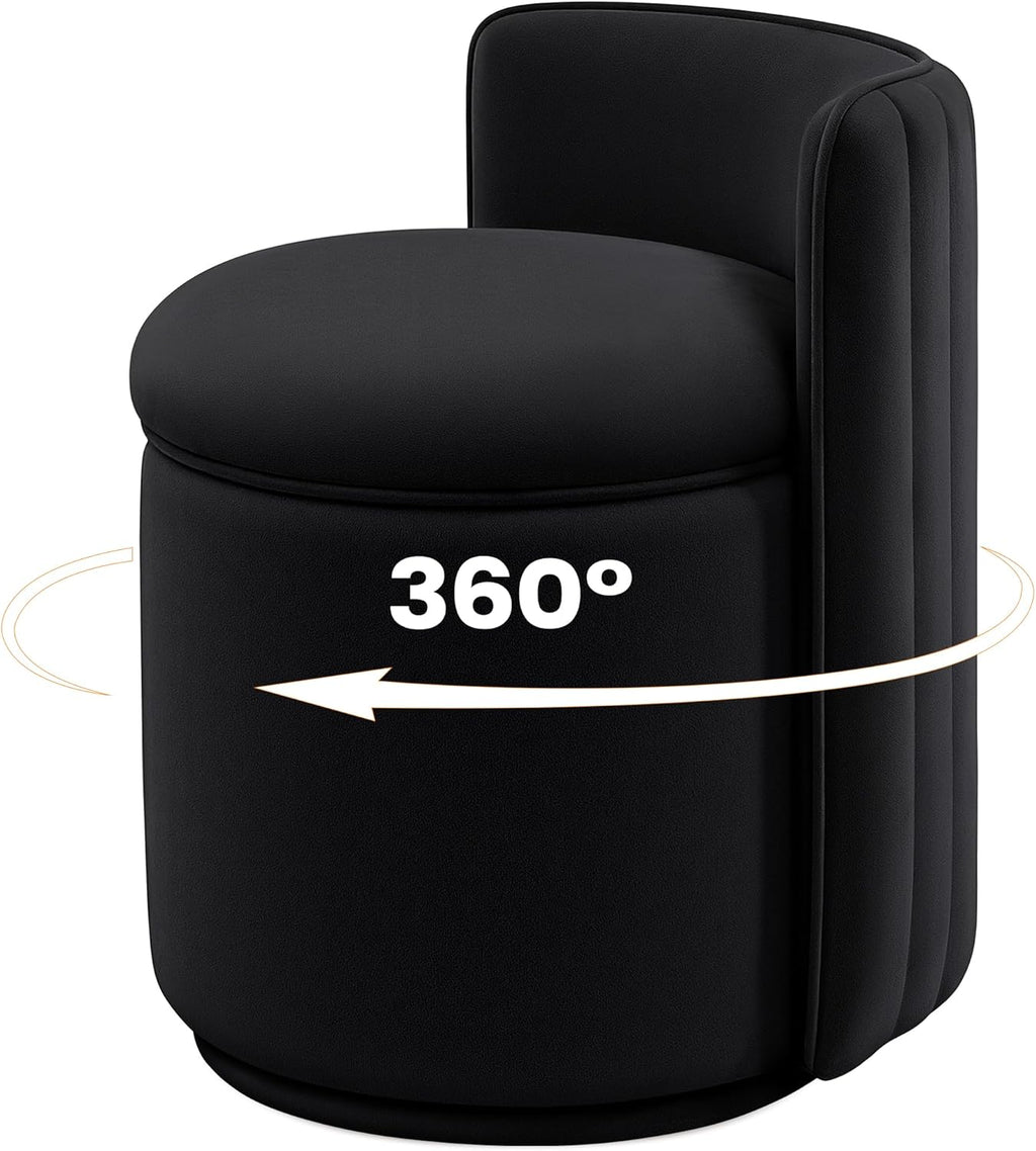 Vanity Chair with Storage, 360° Swivel Velvet Makeup Stool with Wave Backrest, Modern Round Upholstered Closet Stool ,No Assembly for Bedroom, Dressing Room