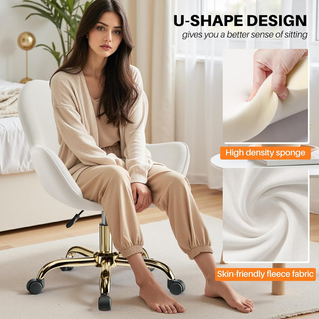 Vanity Chair with Wheels, Cute Home Office Desk Chairs Adjustable Height for Living Bedroom, Small Modern Fluffy Velvet Makeup Chair with Back for Girls