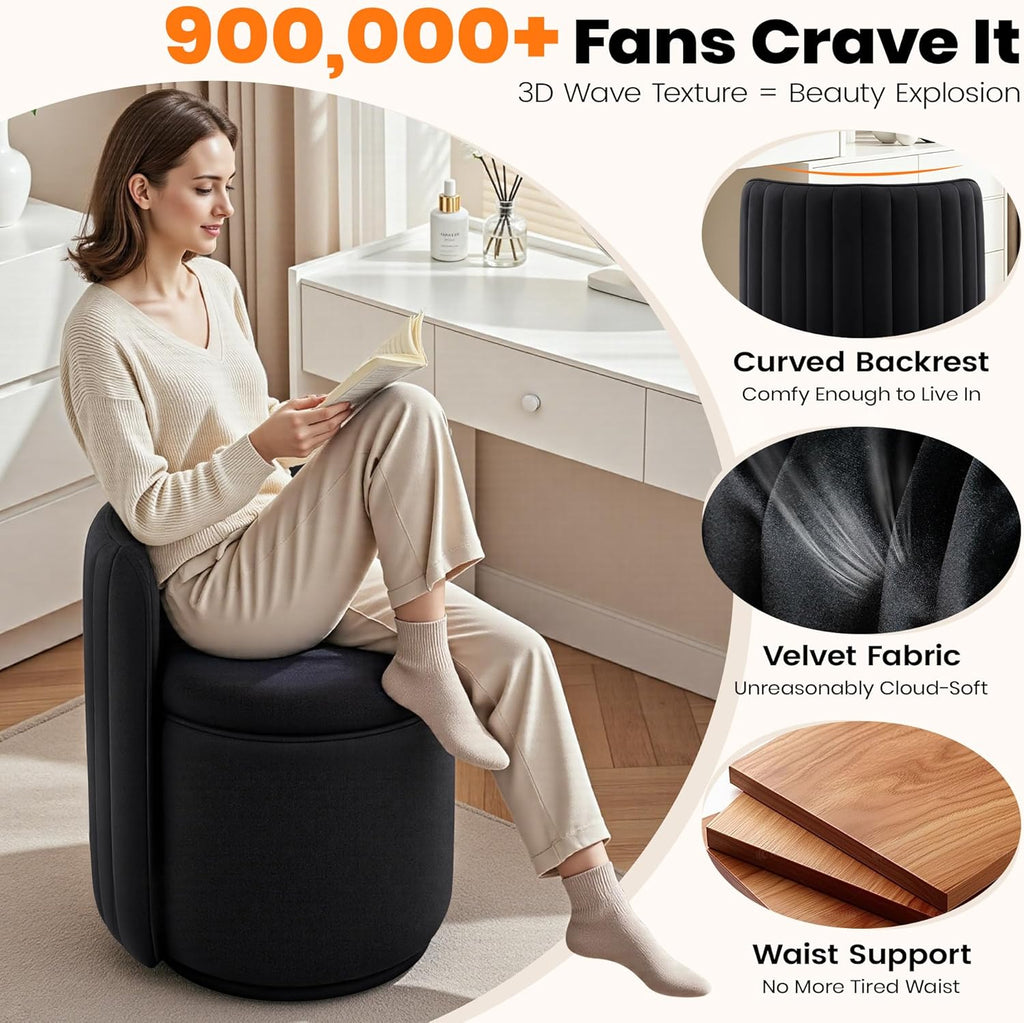 Vanity Chair with Storage, 360° Swivel Velvet Makeup Stool with Wave Backrest, Modern Round Upholstered Closet Stool ,No Assembly for Bedroom, Dressing Room