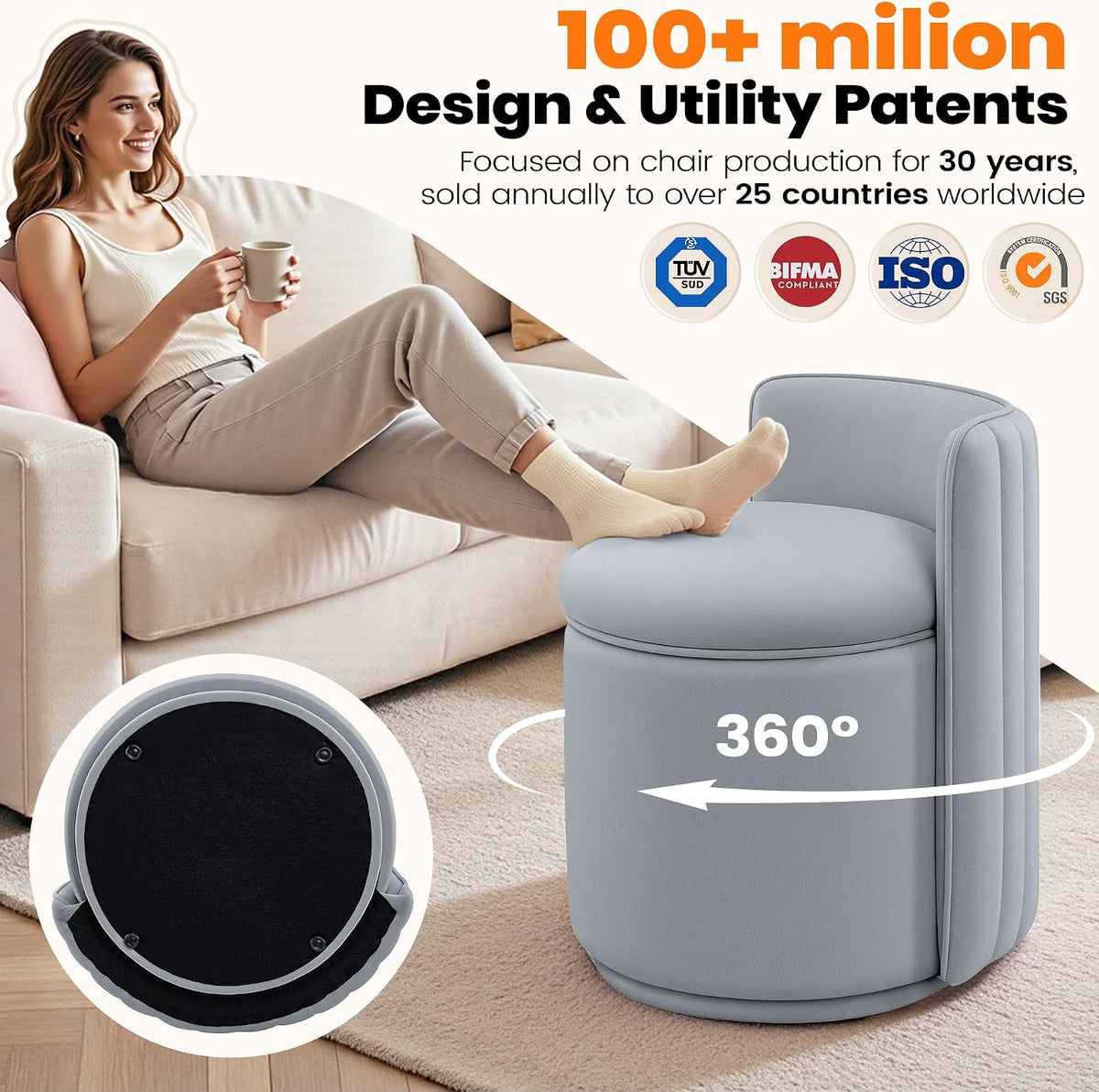 Vanity Chair with Storage, 360° Swivel Velvet Makeup Stool with Wave Backrest, Modern Round Upholstered Closet Stool ,No Assembly for Bedroom, Dressing Room