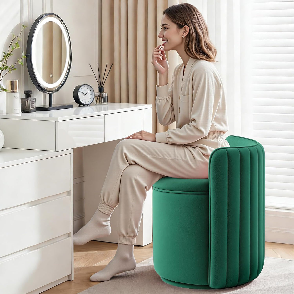 Vanity Chair with Storage, 360° Swivel Velvet Makeup Stool with Wave Backrest, Modern Round Upholstered Closet Stool ,No Assembly for Bedroom, Dressing Room