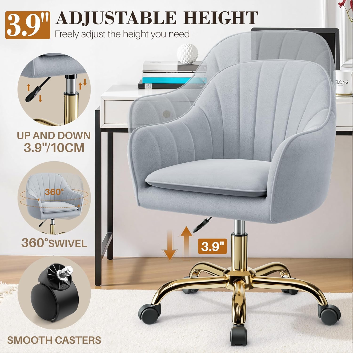Vanity Chair with Wheels, Comfy Home Office Desk Chairs Adjustable Modern Velvet Makeup Vanity Chairs for Bedroom Living Room