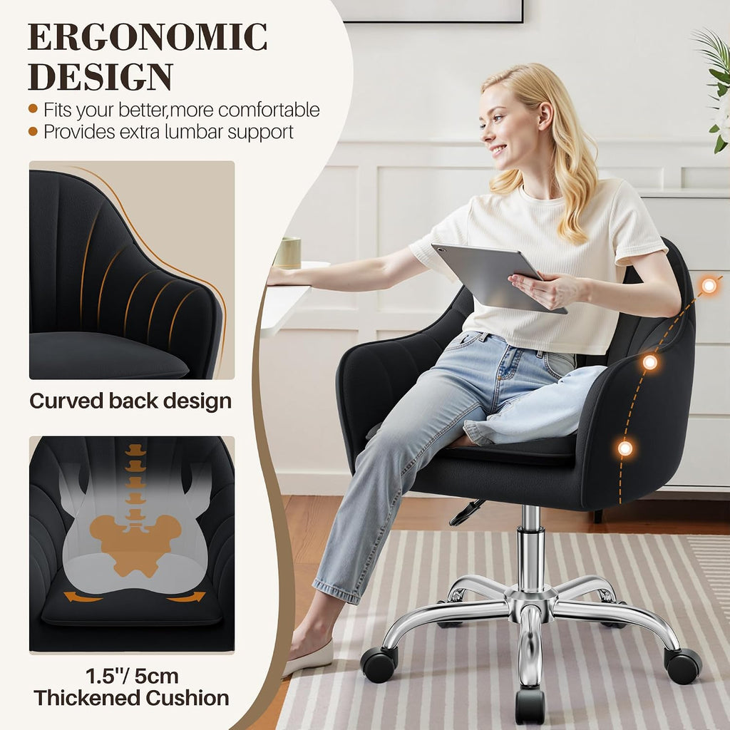 Home Office Desk Chair, Vanity Chair with Wheels, Adjustable Modern Velvet Makeup Chairs for Bedroom Living Room-Black (Silver Base)