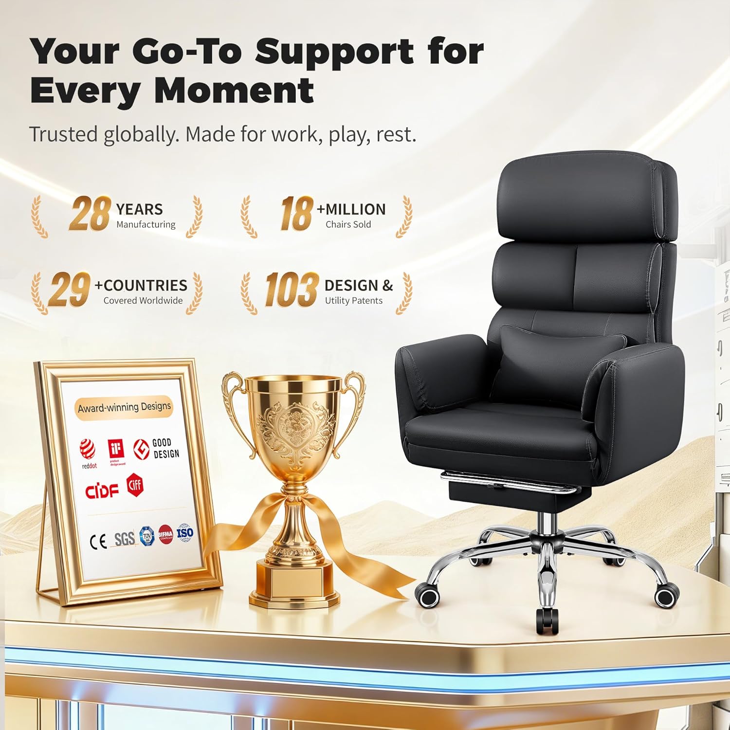 Big and Tall Office Chair 500LBS, Ergonomic High Back Leather Executive Chair, Reclining Swivel with Adjustable Armrests Lumbar Support Footrest