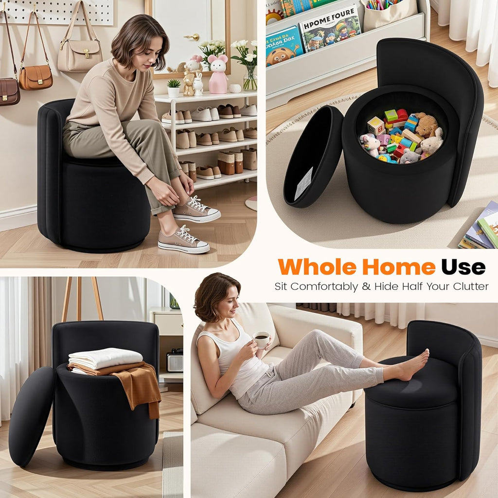 Vanity Chair with Storage, 360° Swivel Velvet Makeup Stool with Wave Backrest, Modern Round Upholstered Closet Stool ,No Assembly for Bedroom, Dressing Room