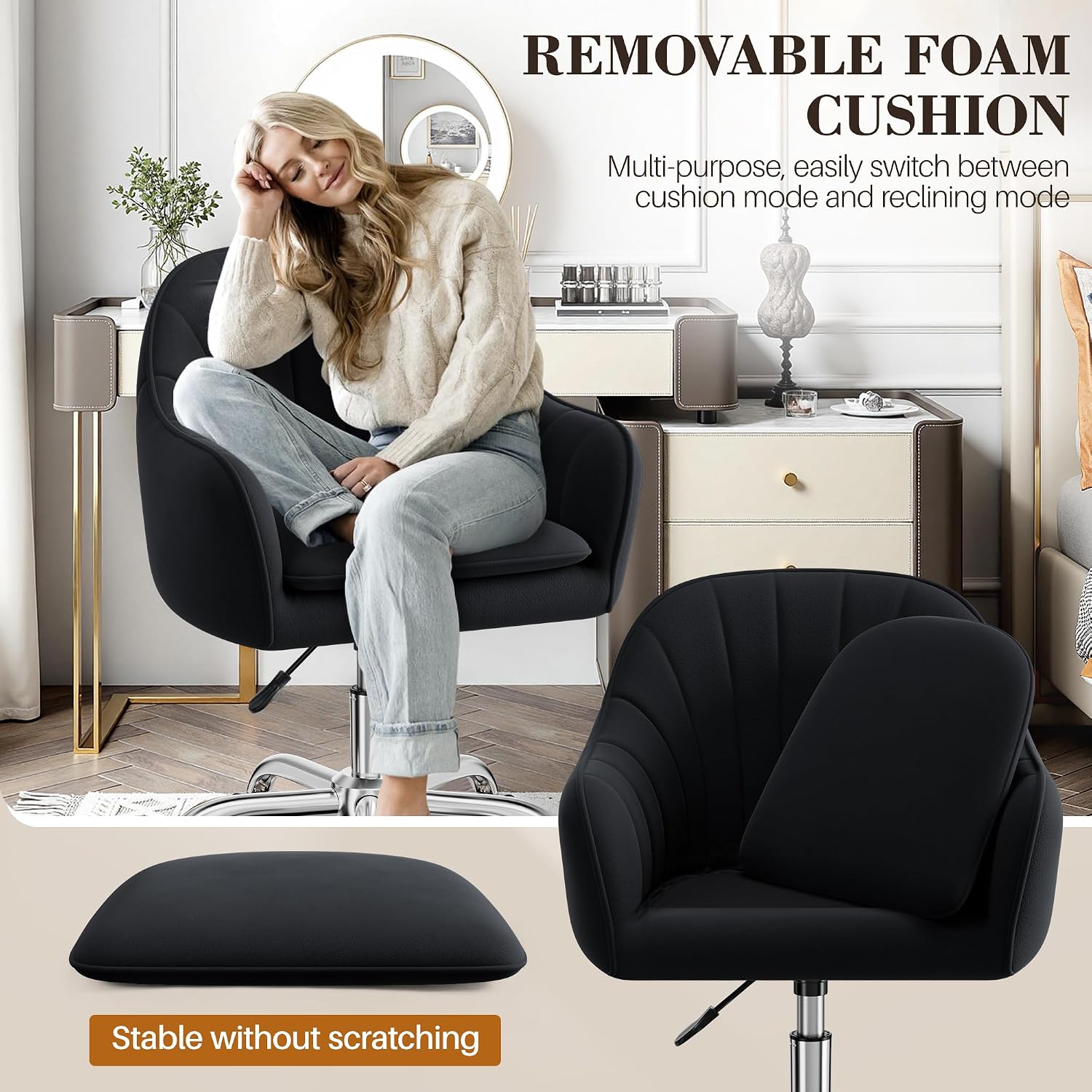 Home Office Desk Chair, Vanity Chair with Wheels, Adjustable Modern Velvet Makeup Chairs for Bedroom Living Room-Black (Silver Base)