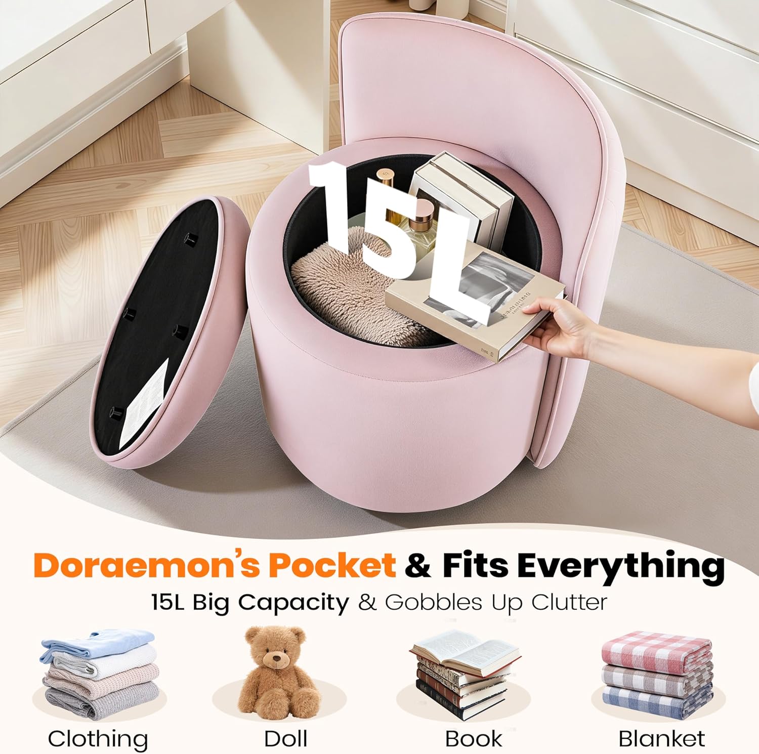 Vanity Chair with Storage, 360° Swivel Velvet Makeup Stool with Wave Backrest, Modern Round Upholstered Closet Stool, No Assembly for Bedroom, Dressing Room & Living Room