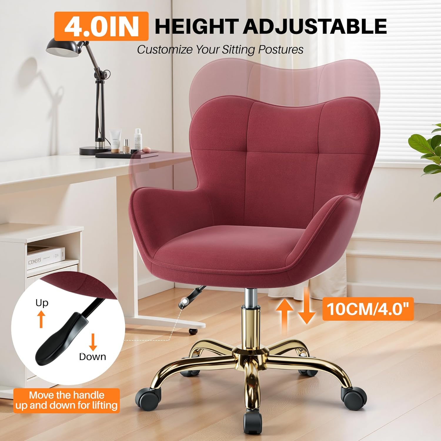 Vanity Chair with Wheels, Cute Home Office Desk Chairs Adjustable Height for Living Bedroom