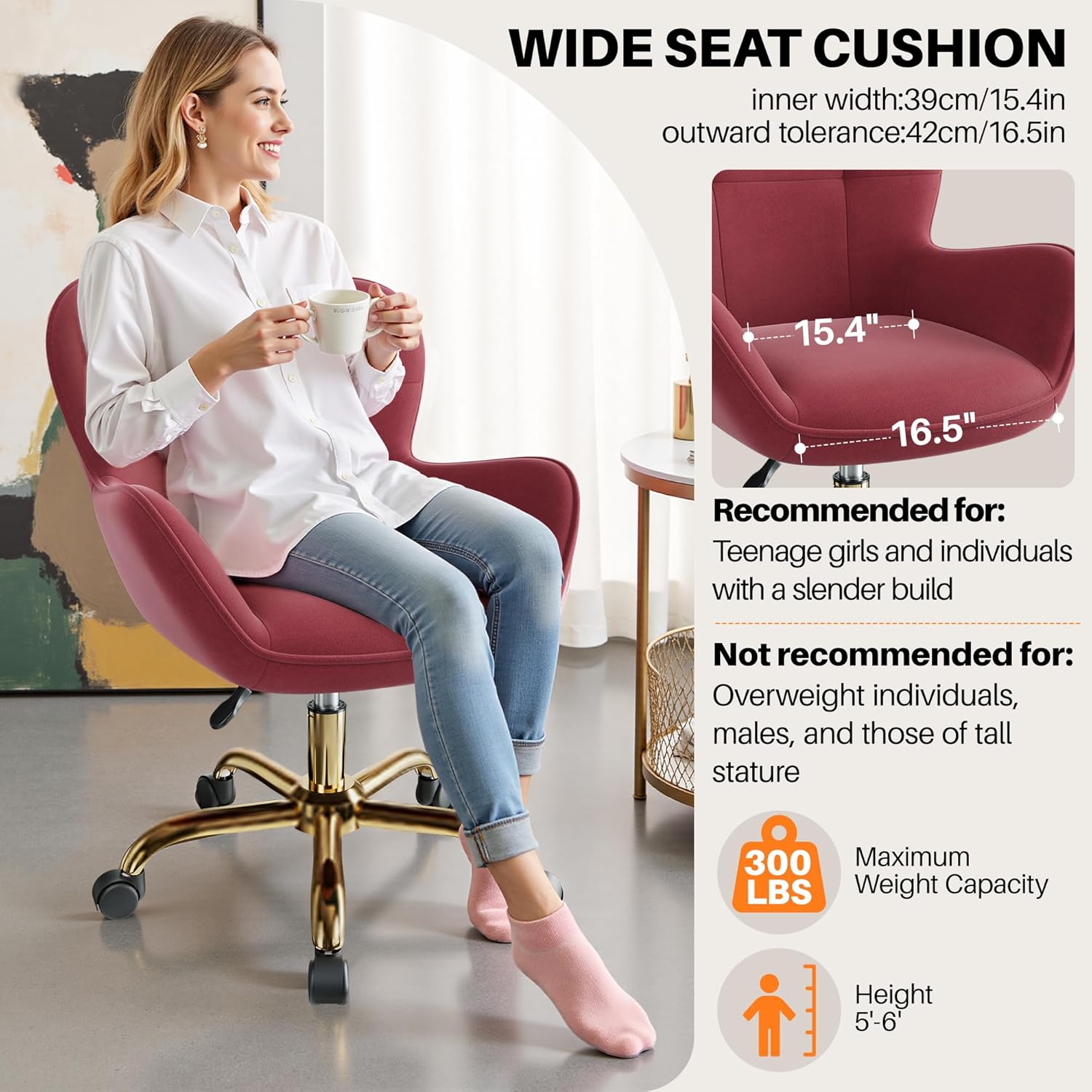 Vanity Chair with Wheels, Cute Home Office Desk Chairs Adjustable Height for Living Bedroom