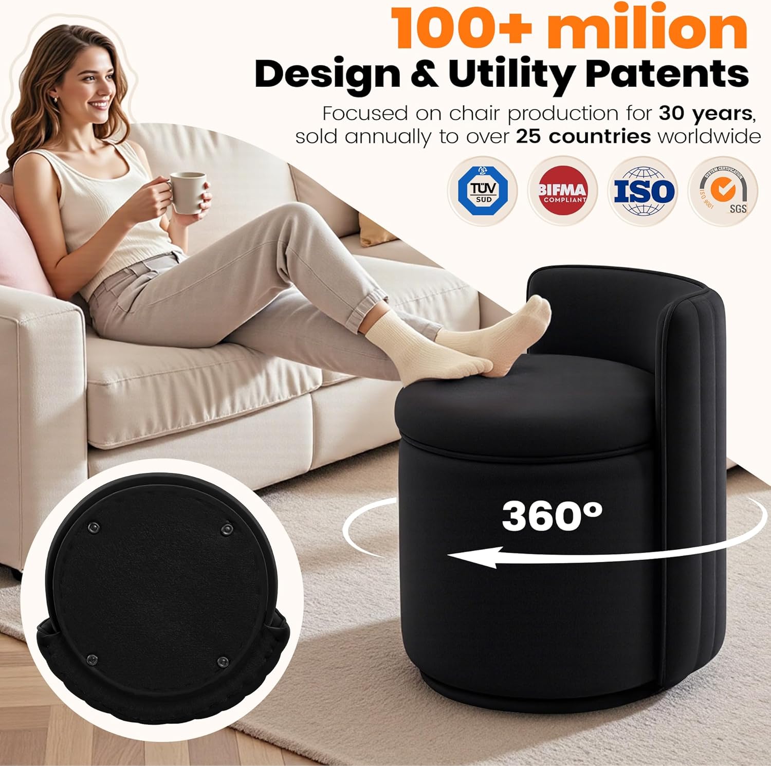 Vanity Chair with Storage, 360° Swivel Velvet Makeup Stool with Wave Backrest, Modern Round Upholstered Closet Stool ,No Assembly for Bedroom, Dressing Room
