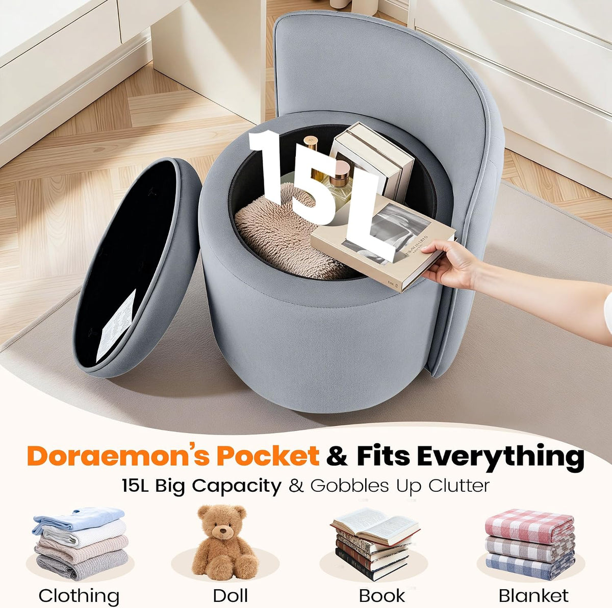 Vanity Chair with Storage, 360° Swivel Velvet Makeup Stool with Wave Backrest, Modern Round Upholstered Closet Stool ,No Assembly for Bedroom, Dressing Room