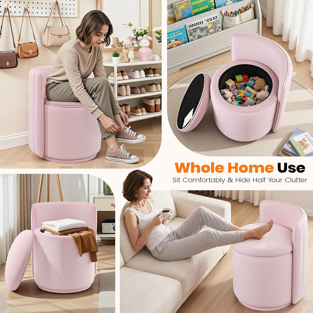 Vanity Chair with Storage, 360° Swivel Velvet Makeup Stool with Wave Backrest, Modern Round Upholstered Closet Stool, No Assembly for Bedroom, Dressing Room & Living Room