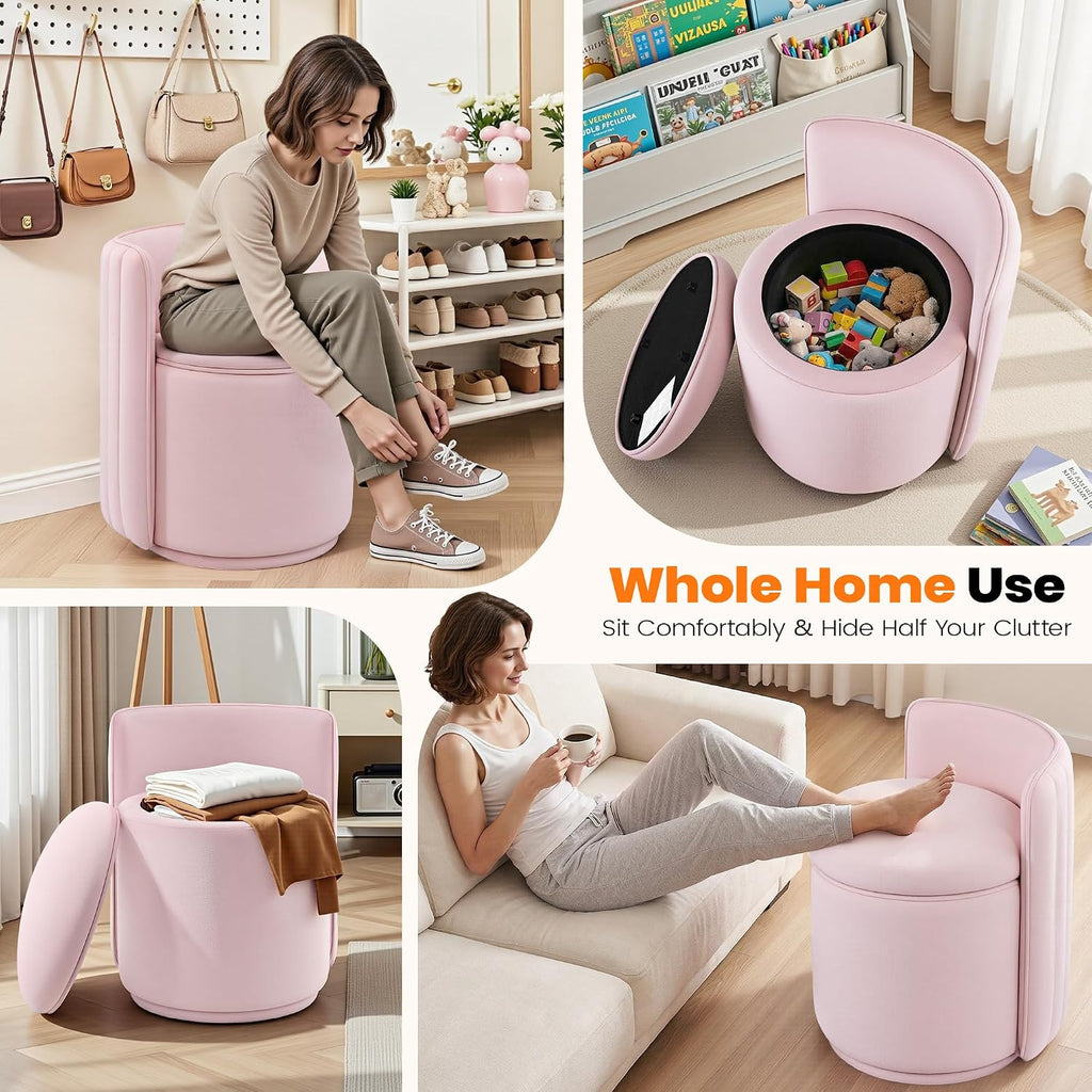 Vanity Chair with Storage, 360° Swivel Velvet Makeup Stool with Wave Backrest, Modern Round Upholstered Closet Stool ,No Assembly for Bedroom, Dressing Room