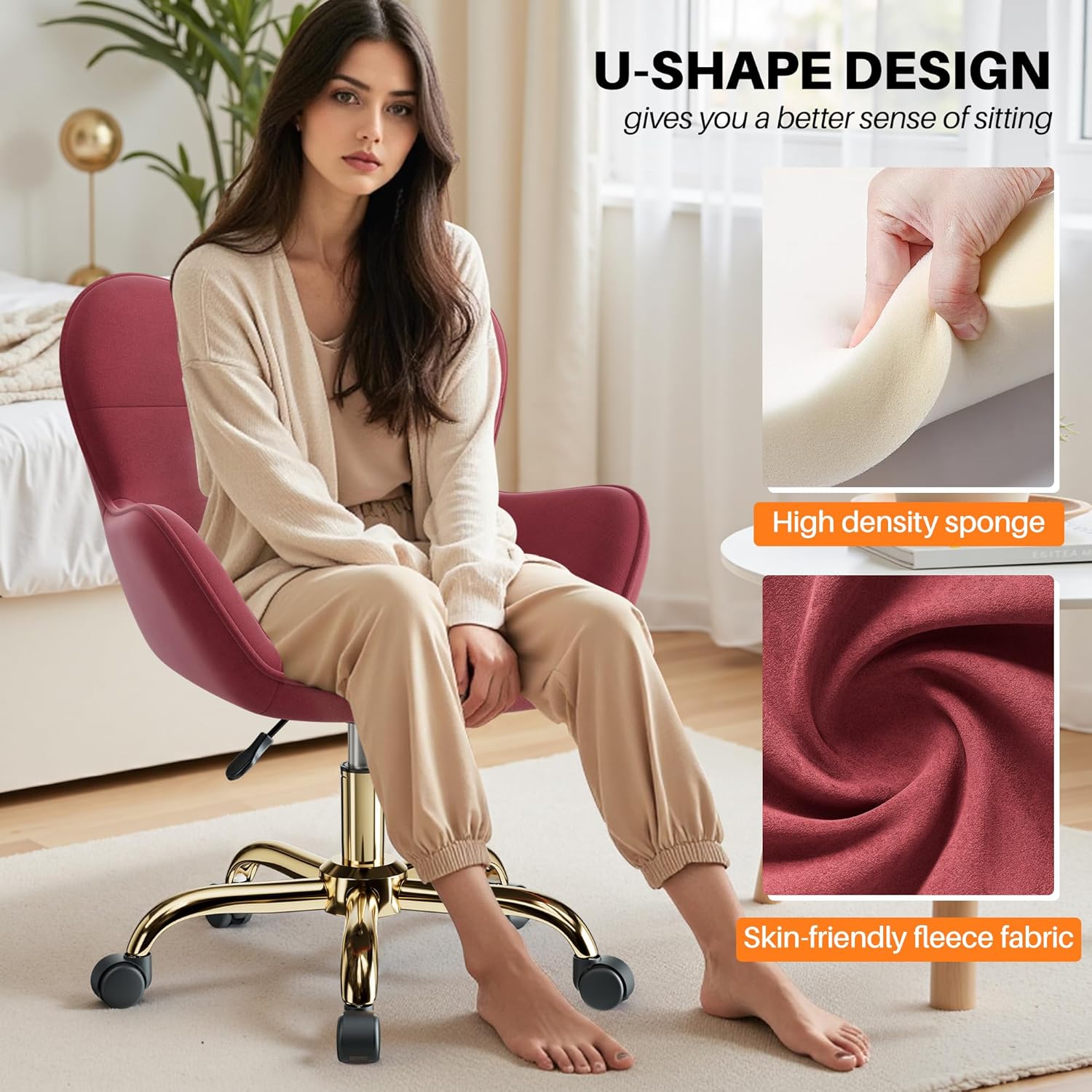 Vanity Chair with Wheels, Cute Home Office Desk Chairs Adjustable Height for Living Bedroom