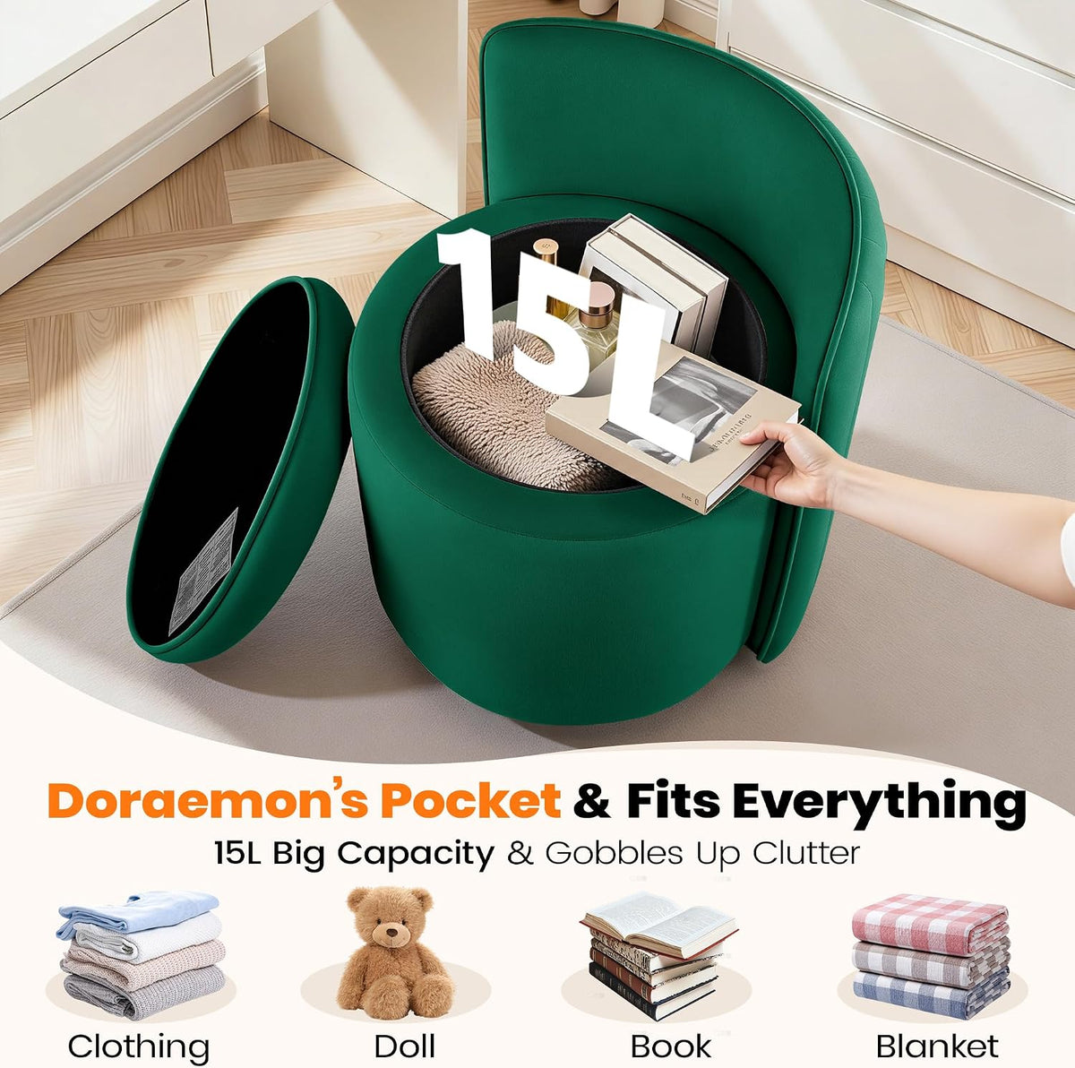 Vanity Chair with Storage, 360° Swivel Velvet Makeup Stool with Wave Backrest, Modern Round Upholstered Closet Stool ,No Assembly for Bedroom, Dressing Room