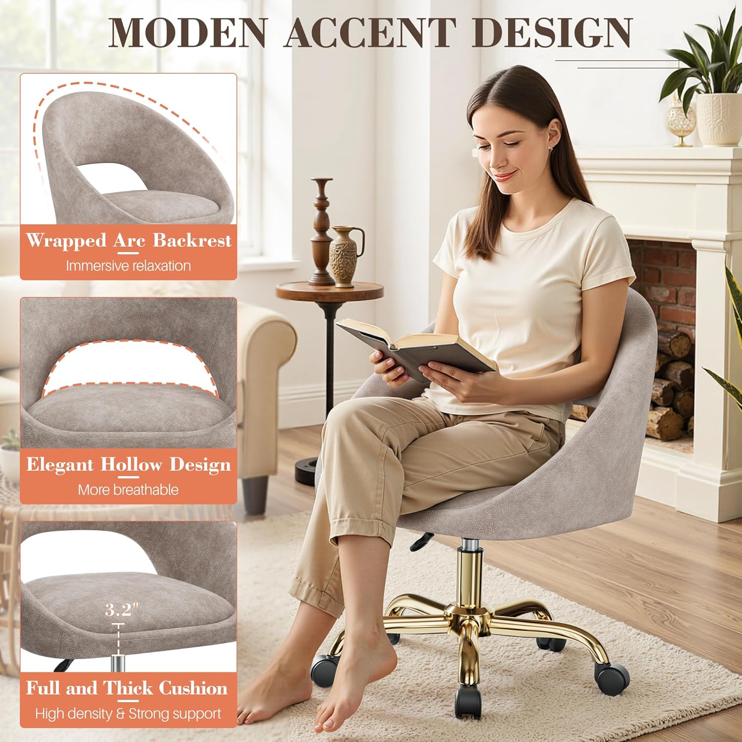 Vanity Chair with Wheels, Waterproof Modern Makeup Vanity Chairs with Back Adjustable Height