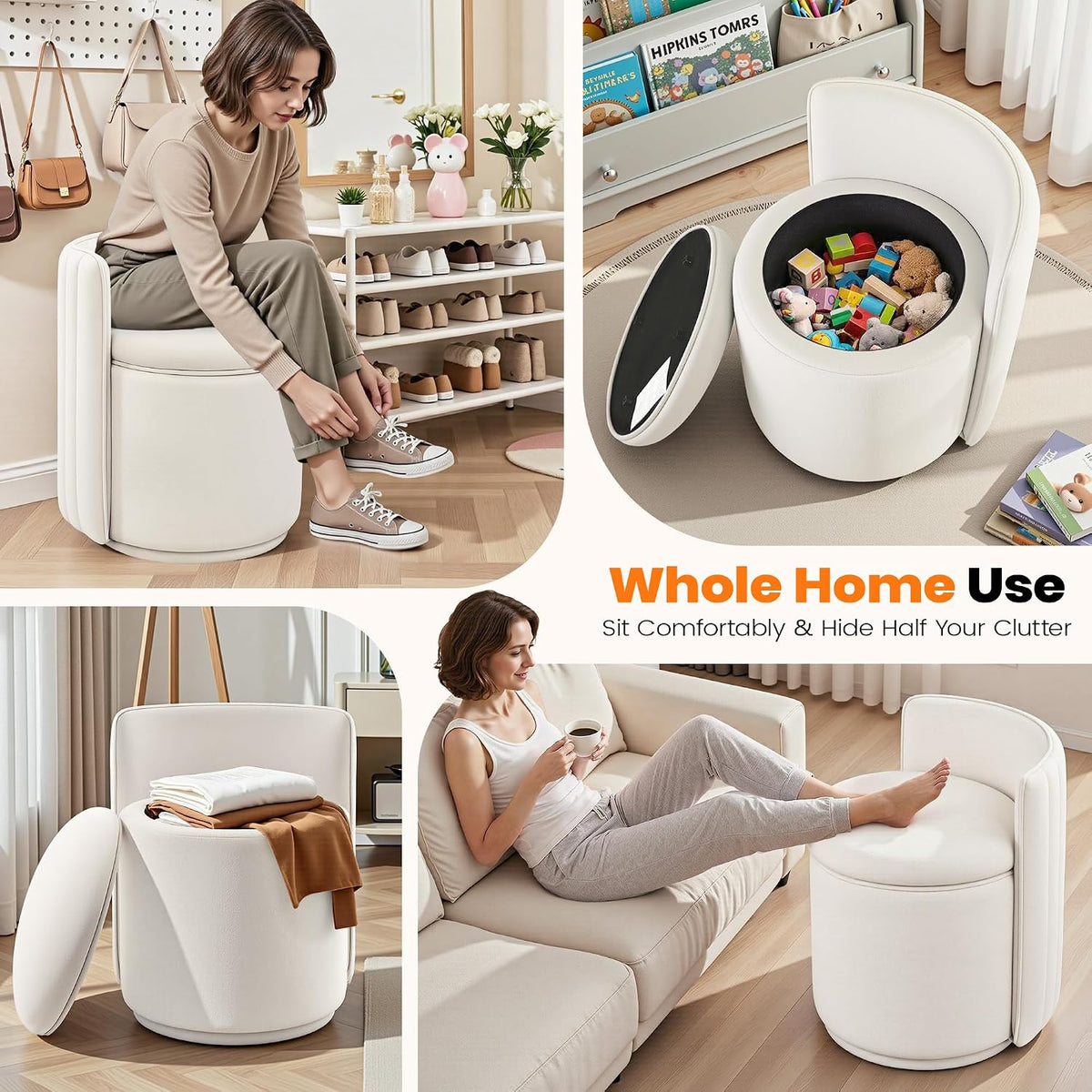 Vanity Chair with Storage, 360° Swivel Velvet Makeup Stool with Wave Backrest, Modern Round Upholstered Closet Stool ,No Assembly for Bedroom, Dressing Room