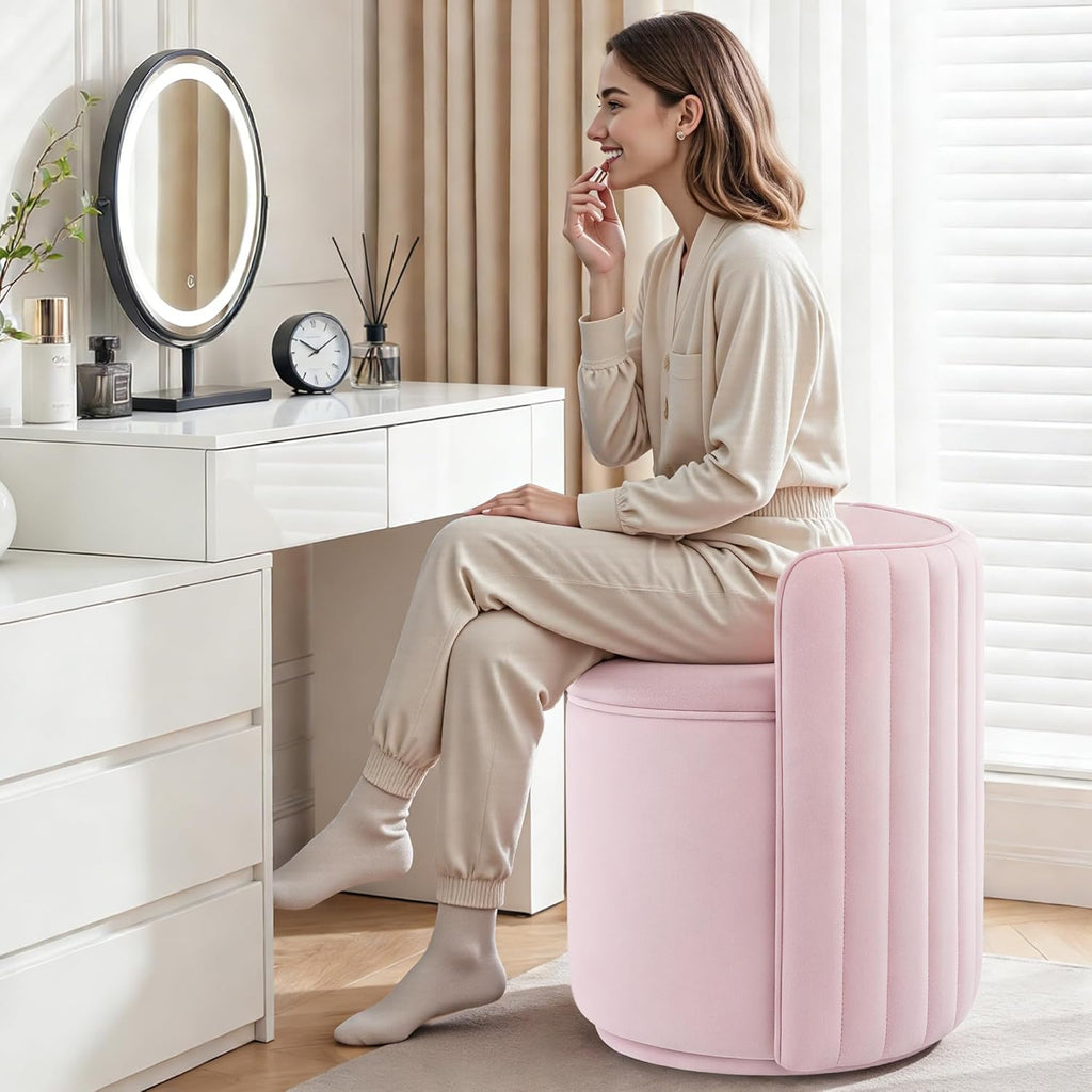 Vanity Chair with Storage, 360° Swivel Velvet Makeup Stool with Wave Backrest, Modern Round Upholstered Closet Stool, No Assembly for Bedroom, Dressing Room & Living Room