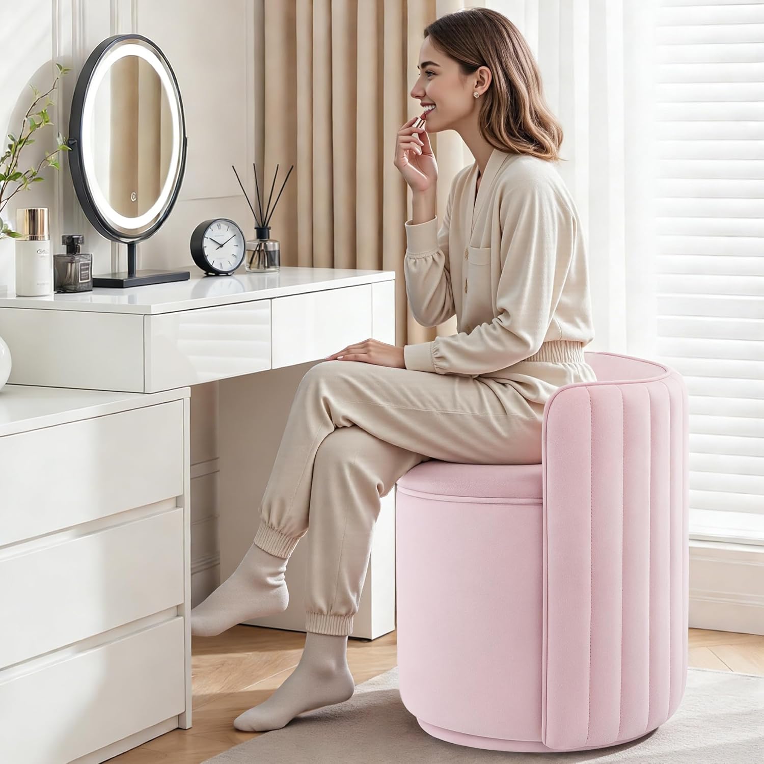 Vanity Chair with Storage, 360° Swivel Velvet Makeup Stool with Wave Backrest, Modern Round Upholstered Closet Stool, No Assembly for Bedroom, Dressing Room & Living Room