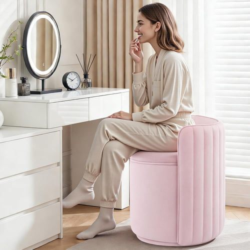 Vanity Chair with Storage, 360° Swivel Velvet Makeup Stool with Wave Backrest, Modern Round Upholstered Closet Stool, No Assembly for Bedroom, Dressing Room & Living Room