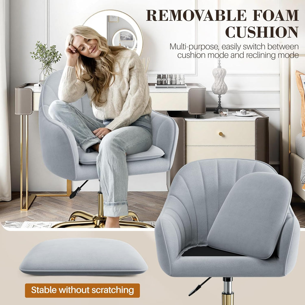 Vanity Chair with Wheels, Comfy Home Office Desk Chairs Adjustable Modern Velvet Makeup Vanity Chairs for Bedroom Living Room