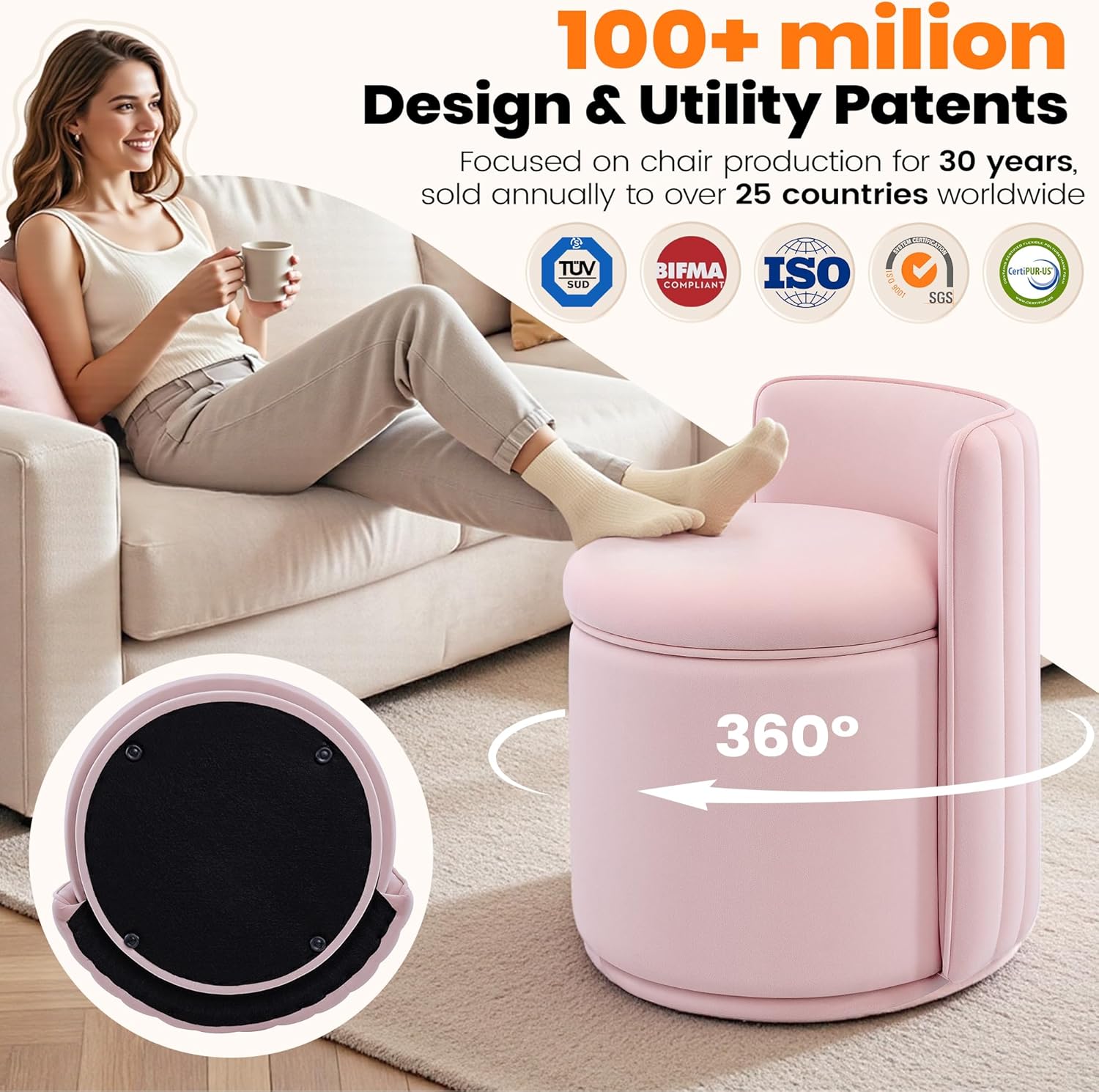 Vanity Chair with Storage, 360° Swivel Velvet Makeup Stool with Wave Backrest, Modern Round Upholstered Closet Stool, No Assembly for Bedroom, Dressing Room & Living Room