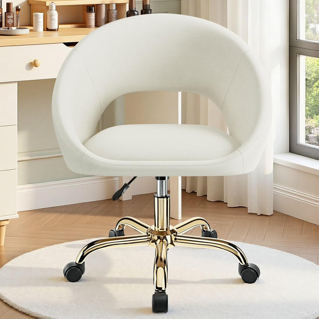 Vanity Chair with Wheels, Golden Titanium-Plated Home Office Chair 300LBS, Modern Velvet Swivel Makeup Chair 360°
