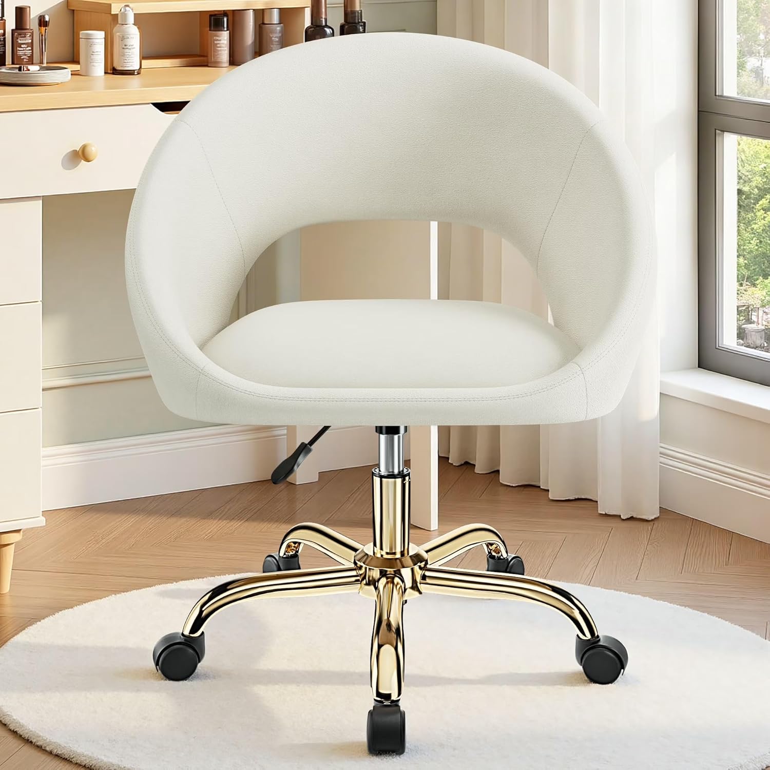 Vanity Chair with Wheels, Golden Titanium-Plated Home Office Chair 300LBS, Modern Velvet Swivel Makeup Chair 360°