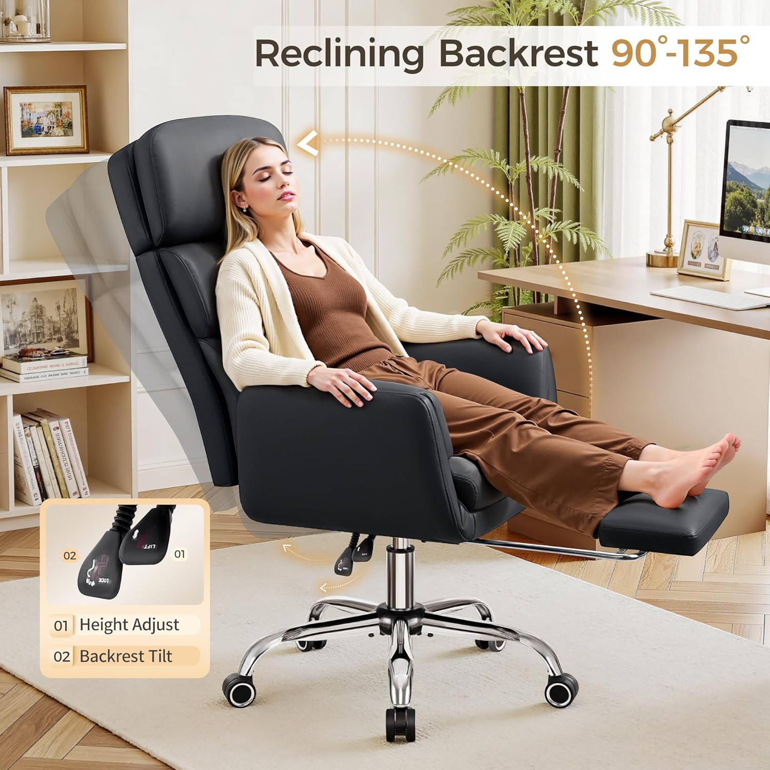 Big and Tall Office Chair 500LBS, Ergonomic High Back Leather Executive Chair, Reclining Swivel with Adjustable Armrests Lumbar Support Footrest