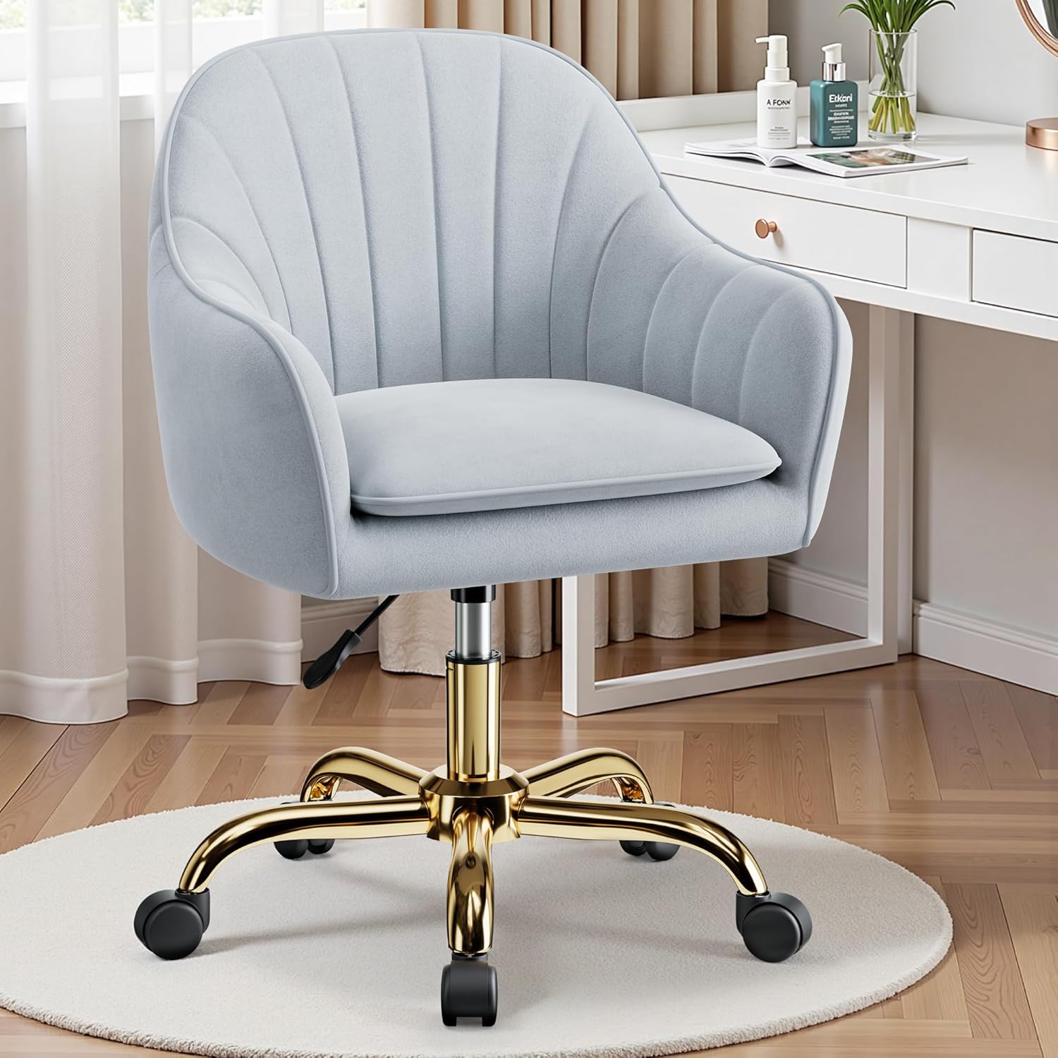 Vanity Chair with Wheels, Comfy Home Office Desk Chairs Adjustable Modern Velvet Makeup Vanity Chairs for Bedroom Living Room