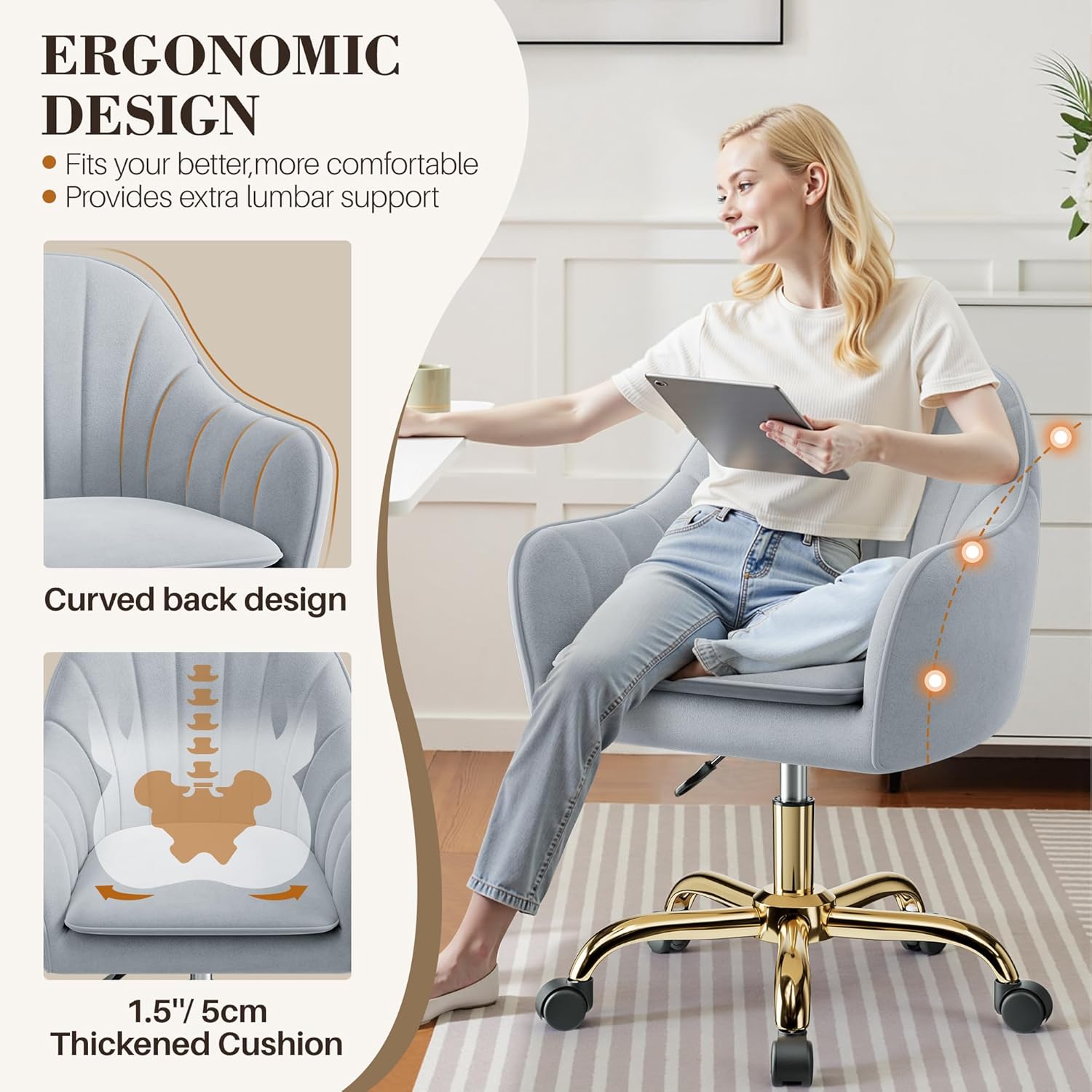 Vanity Chair with Wheels, Comfy Home Office Desk Chairs Adjustable Modern Velvet Makeup Vanity Chairs for Bedroom Living Room