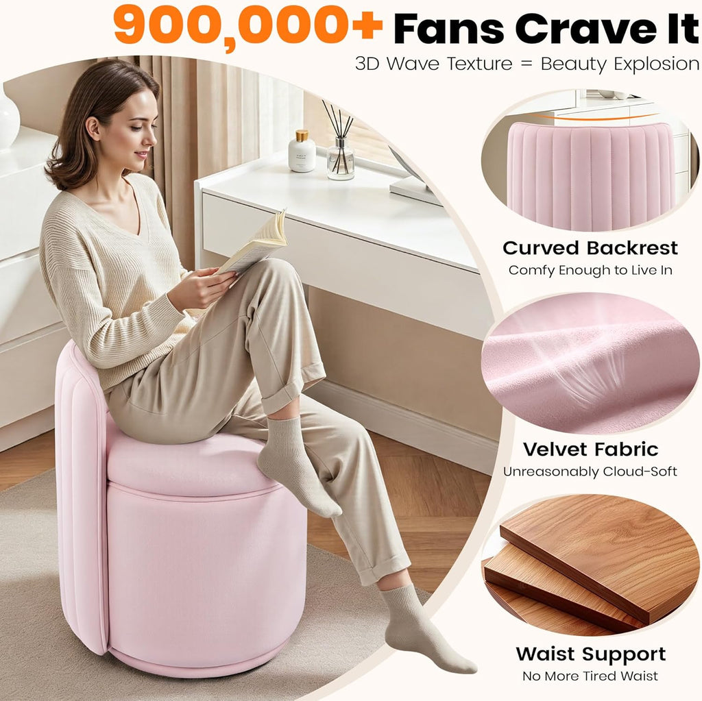 Vanity Chair with Storage, 360° Swivel Velvet Makeup Stool with Wave Backrest, Modern Round Upholstered Closet Stool, No Assembly for Bedroom, Dressing Room & Living Room