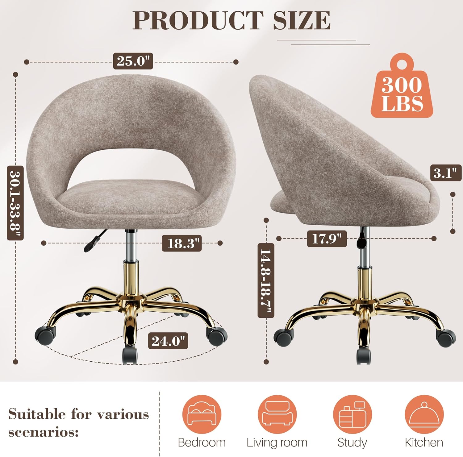 Vanity Chair with Wheels, Waterproof Modern Makeup Vanity Chairs with Back Adjustable Height