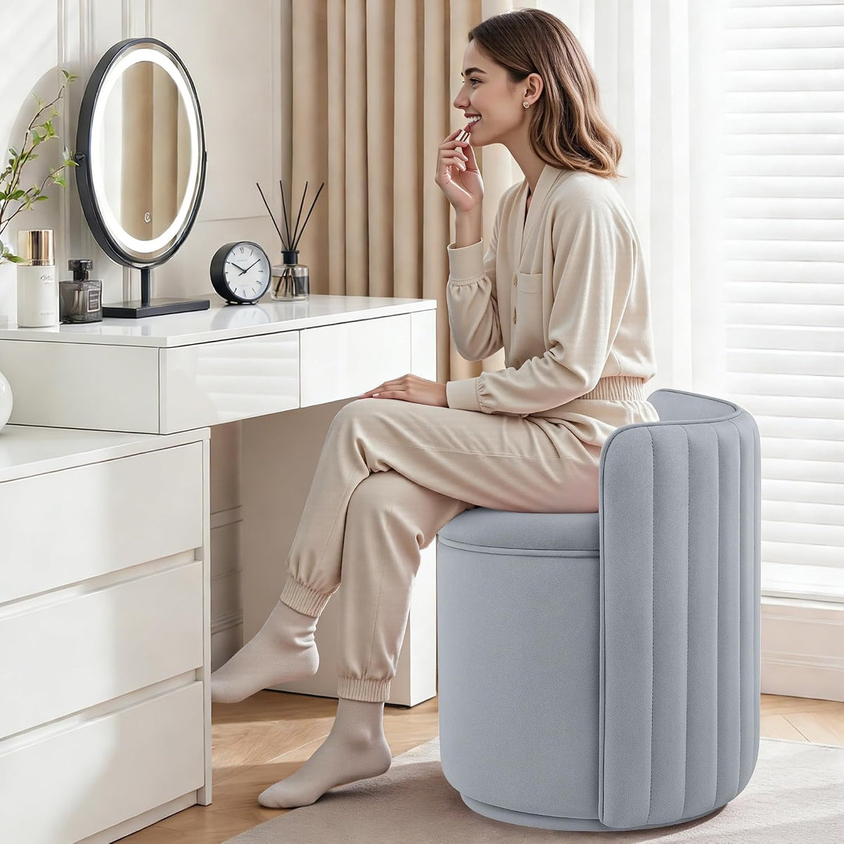 Vanity Chair with Storage, 360° Swivel Velvet Makeup Stool with Wave Backrest, Modern Round Upholstered Closet Stool ,No Assembly for Bedroom, Dressing Room
