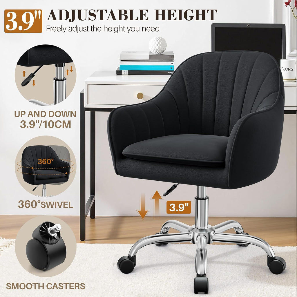 Home Office Desk Chair, Vanity Chair with Wheels, Adjustable Modern Velvet Makeup Chairs for Bedroom Living Room-Black (Silver Base)