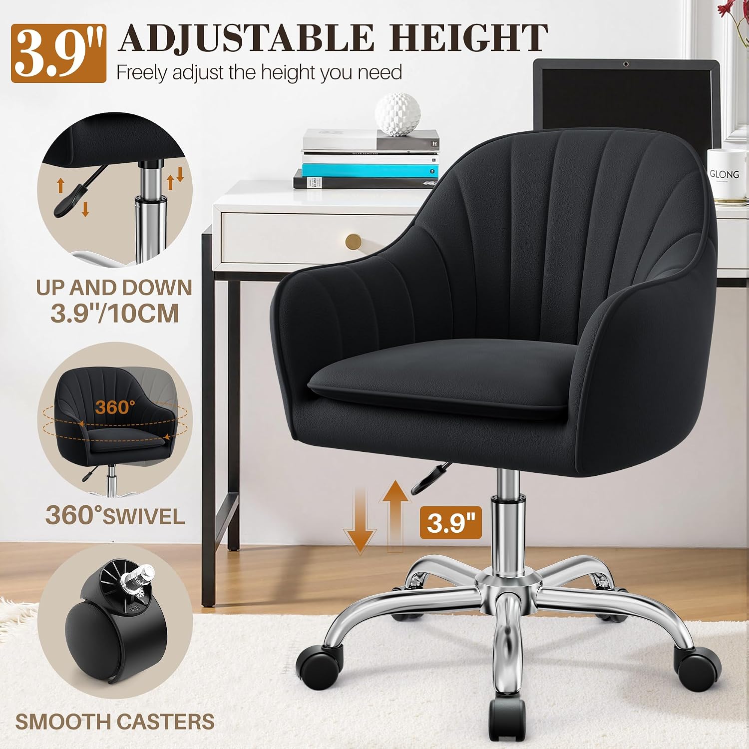 Home Office Desk Chair, Vanity Chair with Wheels, Adjustable Modern Velvet Makeup Chairs for Bedroom Living Room-Black (Silver Base)
