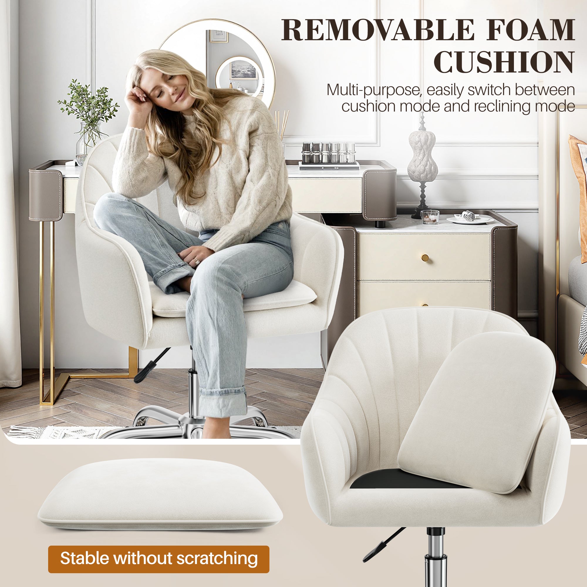 Vanity Chair with Wheels, Comfy Home Office Desk Chairs Adjustable Modern Velvet Makeup Vanity Chairs for Bedroom Living Room