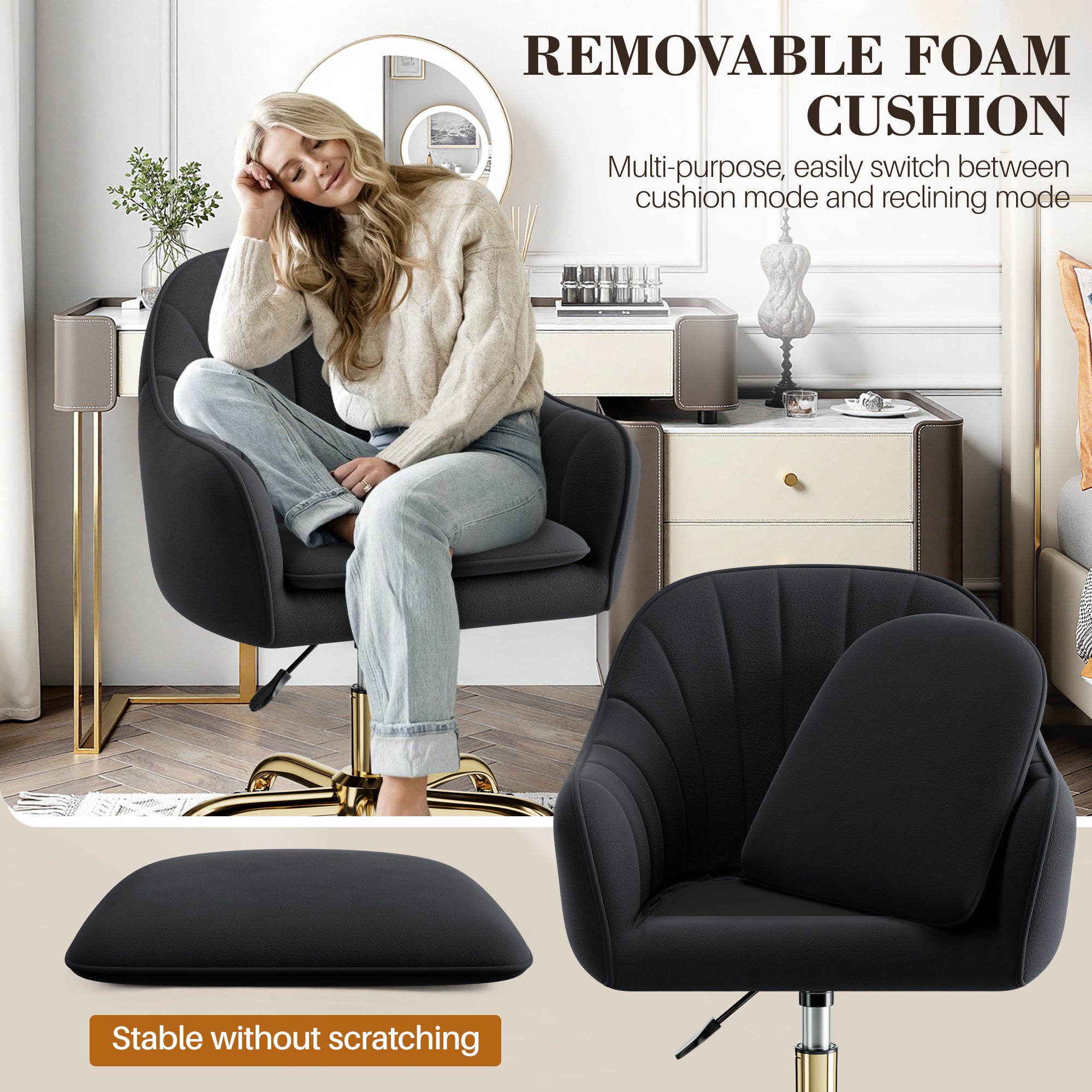 Vanity Chair with Wheels, Comfy Home Office Desk Chairs Adjustable Modern Velvet Makeup Vanity Chairs for Bedroom Living Room