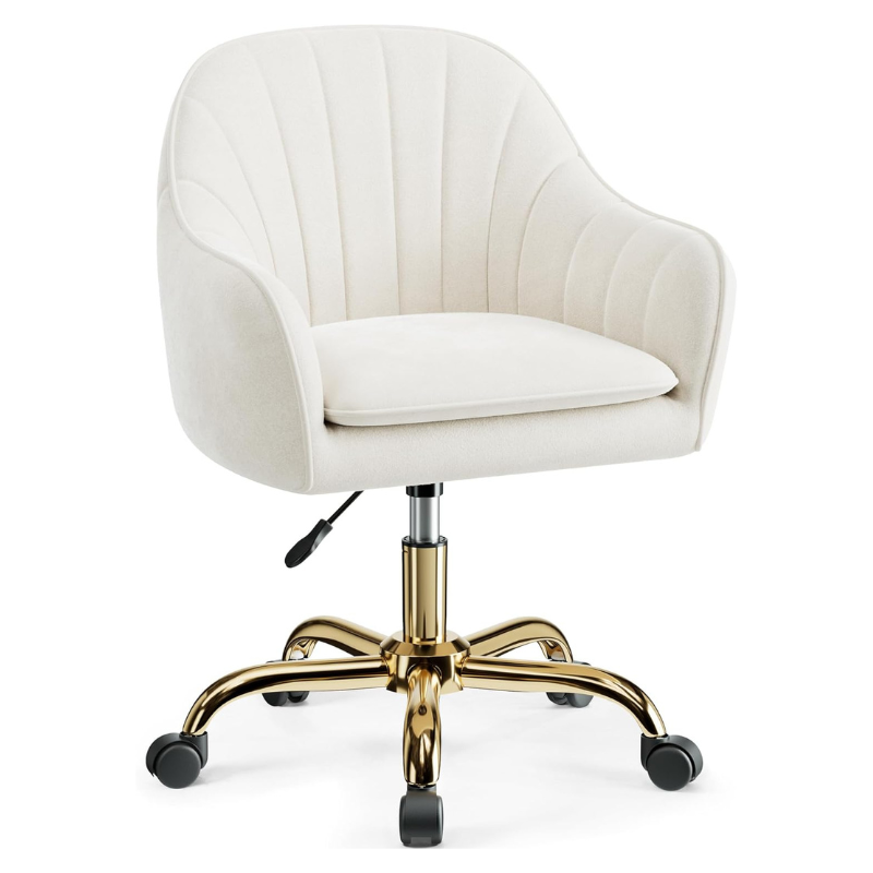 Vanity Chair with Wheels, Comfy Home Office Desk Chairs Adjustable Modern Velvet Makeup Vanity Chairs for Bedroom Living Room-Beige